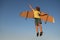 Kids leader and winner, success start up. Boy pilot fly against a blue sky. Excited child boy play with toy jetpack