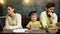 Kids learn and study in home school. Cute little kid boy learning with parents. Mother father and children drawing at
