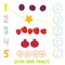 Kids learning number material 1 to 5. Join and Trace. Cartoon Illustration of Education Counting Game for Preschool Children, stra