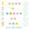 Kids learning number material 1 to 5. Join and Trace. Illustration of Education Counting Game for Preschool Children. Kawaii snowf