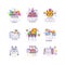 Kids line logo set. Paint palette with brush, castle, cat, rollers, rainbow with clouds, robot, cake with gifts, drawing