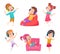 Kids listen music. Children leisure enjoying sound happy lazy teens exact vector cartoon illustrations