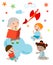 Kids Listening to Their Grandmother Tell a Story, open book with dragon, Imagination ,Vector Illustration