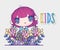 Kids, little girl anime cartoon with hair red and flowers decoration