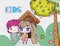 Kids, little girl and boy anime cartoon house tree flowers hill meadow