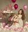 Kids Little Girls Covering Eyes, Children Birthday, Presents Balloons