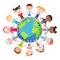 Kids love globe conceptual. Groups of children from all around the world join hands around the globe.