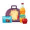 Kids lunch box, bag with snacks, meal and beverages vector stock