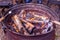 Kids make roasted marshmallows on a fire in a fire pit made of large truck wheel.