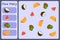Kids mathematical mini game - count how many fruits - coconut, watermelon, kiwi, orange. Educational games for children