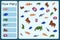 Kids mathematical mini game - count how many sea animals - clownfish surgeonfish, turtle, hummerhead shark, fur seal