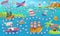 Kids maze game design with various ships flat vector cartoon illustration.