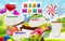 Kids Menu, Candy World, sweet different bonbon, lollipops,chocolate, jelly. Template menu for caffe, cafeteris, vector