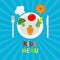 Kids Menu card. Fork, plate, knife and chefs hat icon. Carrot, broccoli, tomato, pumpkin, corn vegetable face. Cute cartoon charac