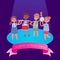 Kids music band playing and rocking at spot light lit stage festival, vector cartoon illustration. Glowing young stars