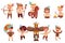 Kids in Native Indian Costumes and Feathered Headdresses Shooting Bow and Dancing Vector Set