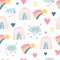 Kids nursery. Cute hand drawn seamless pattern with rainbows, smiling clouds and stars. Doodle design for wallpaper