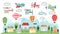 Kids nursery poster with airplanes, air balloons and clouds. Children wallpaper with houses, mountains and flying planes