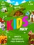 Kids party flyer, cartoon gnome and elf houses