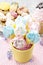 Kids party: marshmallow cake pops in yellow bucket