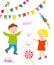 Kids party or presentation collection with funny items - bunting flags, banners, lollipops.