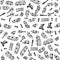 Kids pattern with cars, road signs and words. Monochrome seamless background in doodle style