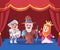 Kids perform theatre drama on stage with red curtain play role as knight warrior wizard and queen