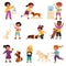 Kids with pets. Children with domestic animals, pet and little owner, cats and dogs, birds and fish, responsibility and