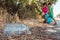 Kids picking up trash in the forest with a plastic bag. Volunteering, charity and ecology concept