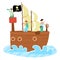 Kids pirate ship sailing in the sea, adventure, black flag and sail with scull and cross bones cartoon vector cartoon