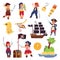 Kids pirates characters. Cartoon funny children, ocean adventures collection. Ship treasure map, hook captain in costume