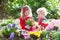 Kids planting flowers in blooming garden