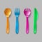 Kids plastic cutlery. Little spoon, fork and knife . Disposable dishware, toy kitchen dining tools vector set