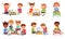 Kids play chess. Young boys and girls playing in chess club, strategy game vector illustration set