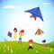 Kids play field with kites concept background, cartoon style