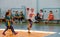 Kids play handball indoor. Sports and physical activity. Training and sports for children