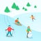 Kids play outdoor winter games vector background