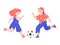 Kids play soccer. A boy and a girl kick a ball.