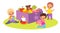 Kids play toys box. Happy children in game around big container with plush bear, ball and dinosaur, cute babies