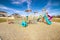 Kids playground with colorful blue slides during day