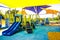 Kids Playground Equipment Covered By Colorful Shade Canopies