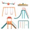 Kids playground flat cartoon set with swing carousels slides