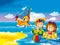 The kids playing at the beach, diving, building in sand - ocean - sea - illustration