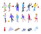 Kids playing bowling icons set, isometric style