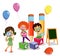 kids playing with bricks and educational games in kindergarten room. Kids play together in kindergarden. Poster with the place for