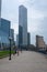 Kids playing in front of stunning skyscrapers  canary wharf  UK