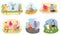 Kids playing game vector illustration, teen girl and boy in various sport and gaming activity, icon set