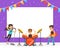 Kids Playing Music and Singing on Stage, Children Performing on Background of Blank Banner Cartoon Vector Illustration