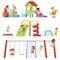 Kids playing at playground set, children swinging on swing, climbing up ladder, riding spring horse see saw vector