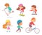 Kids playing sports set. Happy children doing healthy exercise at leisure time vector illustration. Boys and girls on